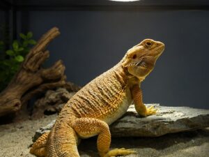 Jak dobrać oświetlenie UVB do terrarium? Agama brodata wygrzewająca się pod lampą UVB w terrarium