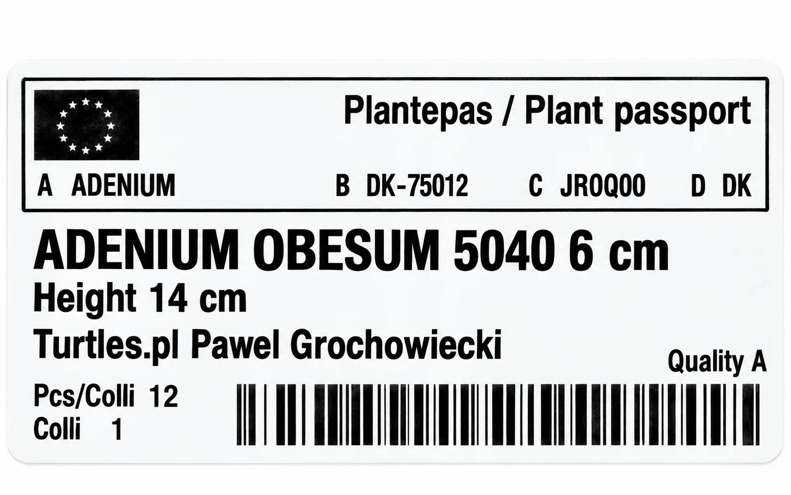 Paszport roślin — Adenium obesum 5040 — zdjęcie etykiety